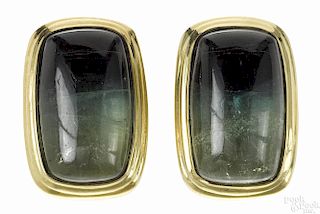 14K yellow gold and tourmaline earrings, each with a large bi-color tourmaline stone, 1 1/4'' l.
