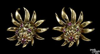 Tiffany & Co. Schlumberger 18K yellow gold, ruby, and peridot thistle set, to include a brooch