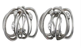 A Pair of 18 Karat White Gold Freeform Earrings with Diamonds