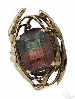 14K yellow gold and watermelon tourmaline ring with a 1 1/4'' head, ring size - 7.25, 8.5 dwt.