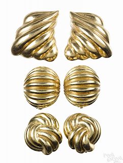 Three pairs of 14K yellow gold clip earrings, to include a Tiffany & Co. shell pair