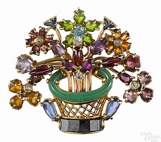 14K yellow gold flower basket brooch with semi-precious stones and a ring of jade
