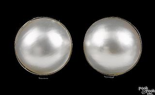 Pair of 14K white gold mabe pearl earrings, each 8mm, 6 dwt.