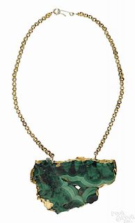 Malachite and gold necklace, the large malachite pendant with a 14K yellow gold frame