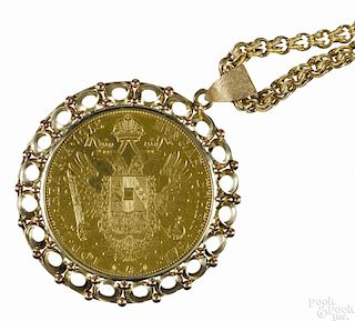 14K yellow gold 1915 Austrian 1 ducat necklace, 28'' l., 27.2 dwt.
