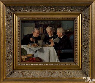 Louis Moeller (American 1855-1930), oil on canvas of three men conversing, signed lower right