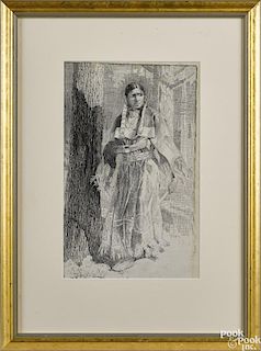 William Crawford (American 1894-1978), ink illustration of a Native American woman, signed