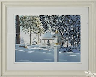 Thomas A. Newnam (Delaware, b. 1946), watercolor of a snow scene with a gazebo, 21'' x 29''.