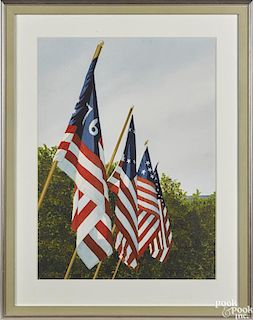 Thomas A. Newnam (Delaware, b. 1946), watercolor of a row of American flags, signed lower right