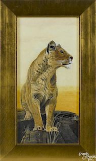 Randy Hendricks (Michigan, b. 1959), oil on board, titled Lioness, signed lower left