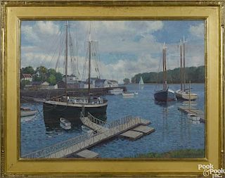 Stapleton Kearns (American, b. 1952), oil on canvas of a harbor scene, signed lower right