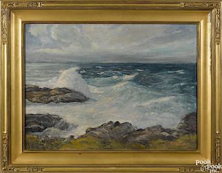 Earle. A. Titus (Massachusetts/New Hampshire 1895-1962), oil on panel of waves crashing on a shore