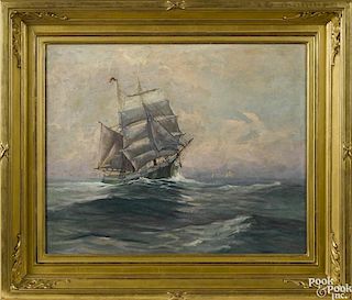 Oil on canvas ship portrait, 19th c, signed illegibly lower right, 16 1/2'' x 20 1/2''.