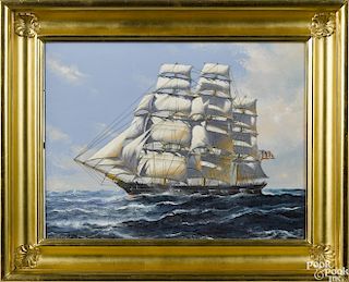 Oil on canvas ship portrait, 20th c., of a full-rigged American ship, signed illegibly lower left