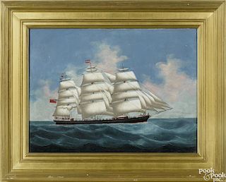 China Trade oil on canvas portrait of a British ship, 19th c., 22'' x 30''.