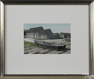 Gregory Dunham (Massachusetts/Maine, b. 1946), watercolor of a row boat on the shore with a house
