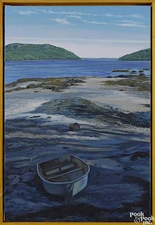 Christina DeHoff (Maine/Maui 20th/21st c.), oil on canvas of a beached row boat, signed