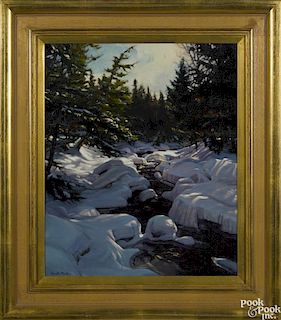 Ronal Parlin (Maine 20th c.), oil on linen mounted on panel, titled Time Out, of a snowy stream