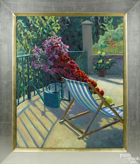 William Michaut (20th c.), oil on canvas of a porch scene, titled La chaise longue