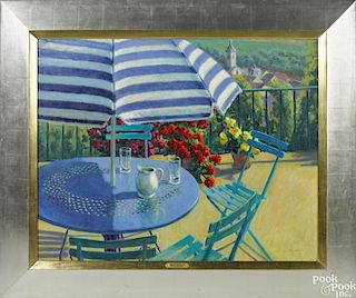 William Michaut (20th c.), oil on canvas of a balcony scene, titled Ete a Verzy, signed