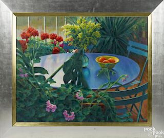 William Michaut (20th c.), oil on canvas of a balcony scene, depicting plants and a bowl of fruit