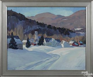 Eric Tobin (Vermont, b. 1958), oil on canvas of a snowy landscape, titled Montgomery Village, VT