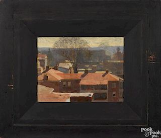 Jon Redmond (American 20th c.), oil on panel, titled Rooftops, February, signed verso