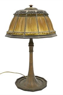 Tiffany Studios Gilt-Bronze and Favrile Glass Linenfold Desk Lamp