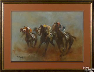 Ralph Scharff (American 1922-1993), watercolor and gouache of a horse race, signed lower left