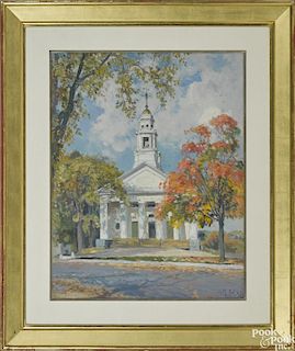 Mathias Alten, (American 1871-1938), oil on canvas of a church in a landscape, signed lower right