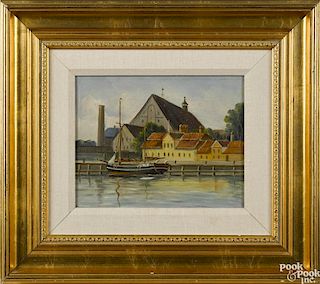 Oil on canvas of a Continental landscape, titled Baltic Ketch on the Waterfront of Copenhagen