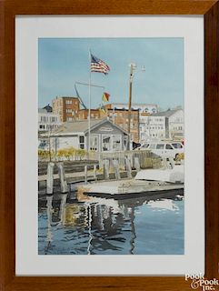 Linda M. Norton (Maine 20th c.), watercolor of a Harbor Master dock scene, signed lower left