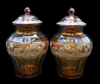 A Pair of Moser Karlsbad Elephant Glass Covered Urns