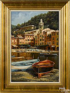 J. Correma (20th c.), oil on canvas Mediterranean harbor scene, titled Portofino, signed
