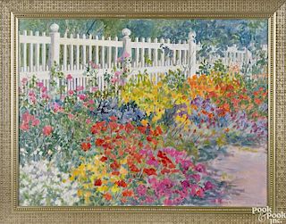 June Cary (American 20th c.), oil on canvas of flowers along a white picket fence, signed