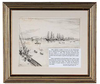 Farragut's Fleet Entering New York Harbor, 1863, Ink Drawing by Xanthus Smith (1839-1929) 