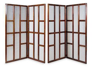 A Pair of Modern Walnut Two Panel Screens Each panel height 78 x width 36 inches