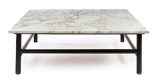 A Square Black Lacquered Wood and Marble Low Table Height 15 1/2 x width 48 x depth 48 inches
