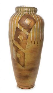 A Studio Ceramic Vase, Nelson, 1980, of baluster form with linear and geometric decoration