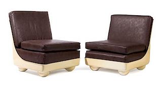 A Pair of Italian Molded Plastic and Leather Lounge Chairs, CIRCA 1960'S, with brown leather back and seat cushions