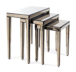 Three Modern Mirrored Glass Nesting Tables Height of largest 28 1/2 x width 30 x depth 16 inches