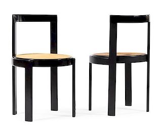 A Pair of Modern Caned and Lacquered Side Chairs Height 31 inches.