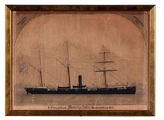 US Steam Sloop Monongahela, Mississippi River, 1863, Pencil, Pen & Ink, and Watercolor Enhanced Photograph 