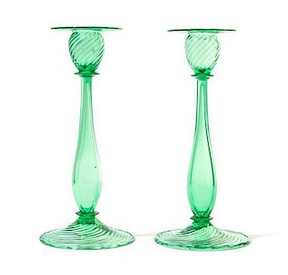 Steuben,  a pair of topaz glass candlesticks, pattern number 6270