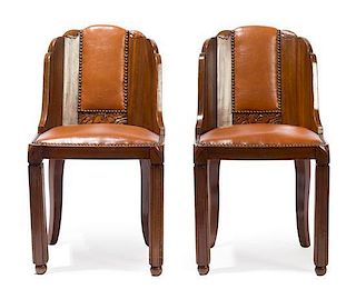 A Set of Three Art Deco Wood and Leather Side Chairs Height 32 inches