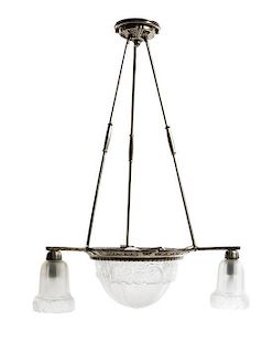An Art Deco Three-Light Chandelier, FRANCE, EARLY 20TH CENTURY, with a metal frame and three lights surrounding an etched gla