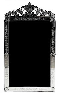 A Venetian Etched Glass Mirror, FIRST HALF 20TH CENTURY, of rectangular form surmounted by a corona, etched with foliate elem