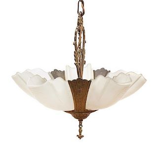 Attributed to Williamson and Beardslee, EARLY 20TH CENTURY, an Art Deco cast metal five-light fixture, the geometric frame su