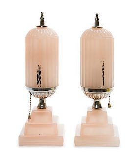 A Pair of Art Deco Pink Glass and Metal Table Lamps, EARLY 20TH CENTURY,