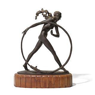 Anton Endstorfer (Austria, 1880-1960), 1921, an Art Deco bronze figure, depicting a nude maiden with ring, on a marble base
